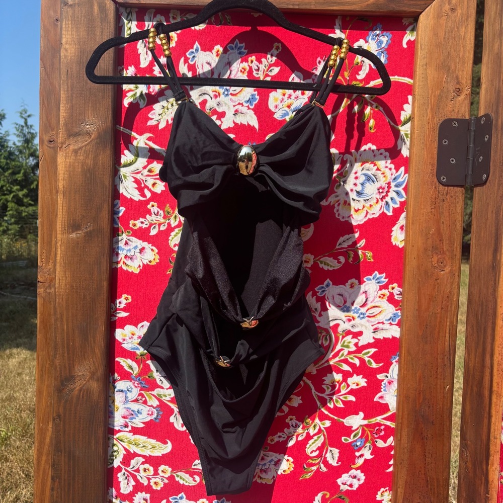 Black + Gold Embellished Removable Strap One Piece Swimsuit Women's Size M - Picture 1 of 7